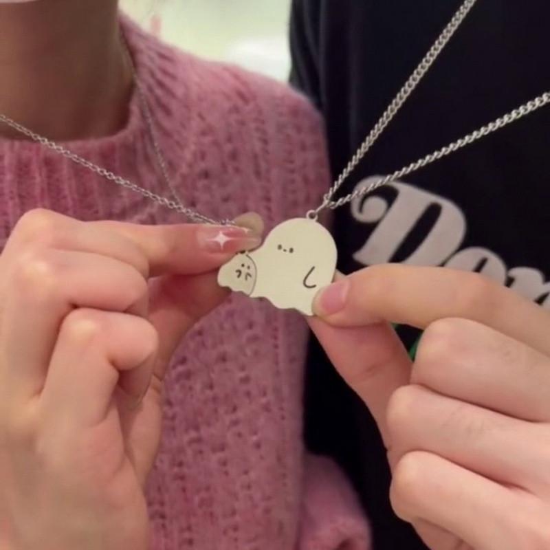 2PCS Stainless Steel Silver Color Ghost Cat Pendant Couple Necklace For Women Men Fashion Best Friend Clavicle Chain Necklaces