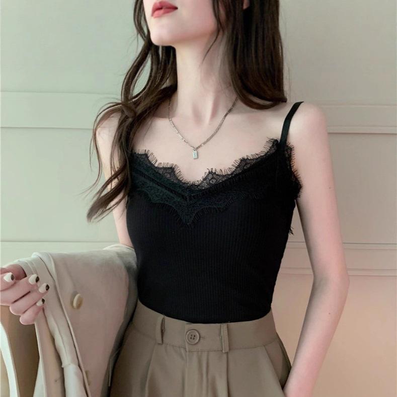 #Early autumn new sexy polished V-neck lace splicing thermal sling vest slim and thin women's top