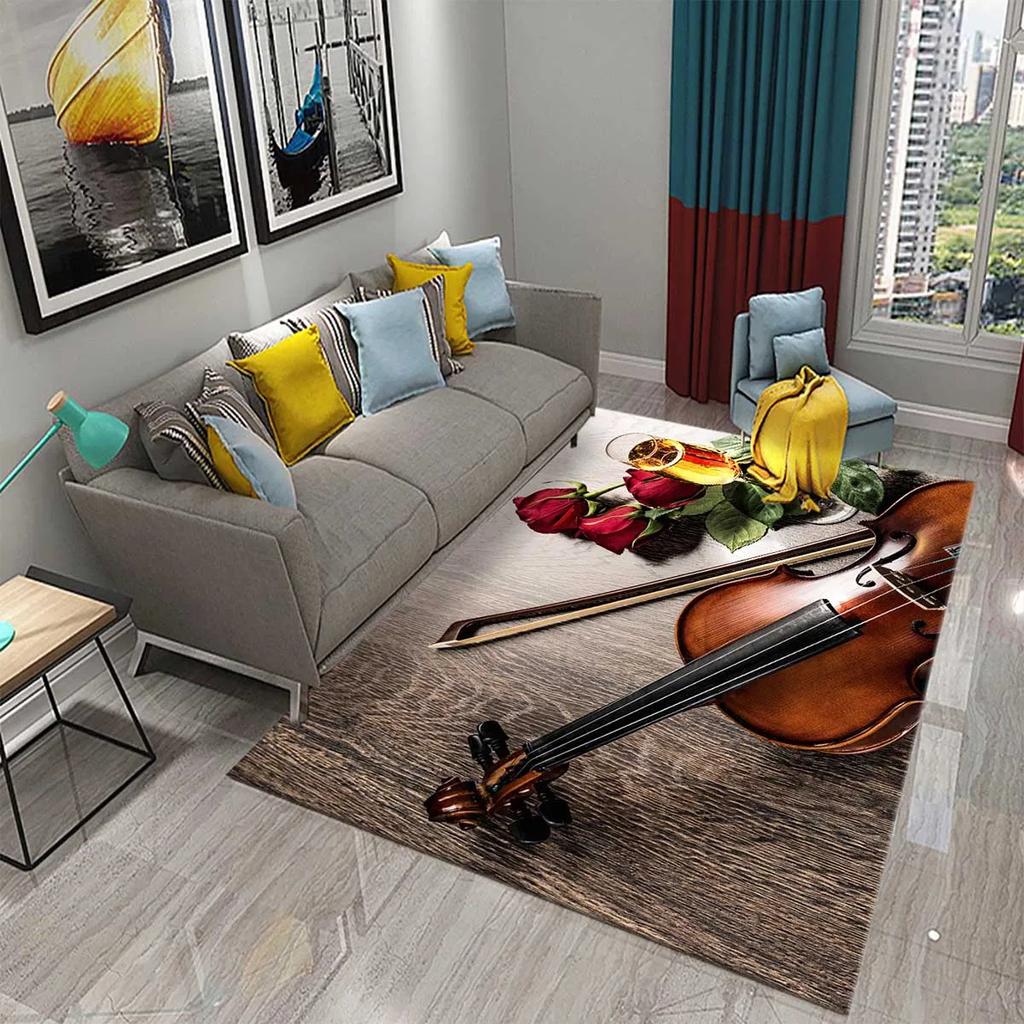 3D Violin Carpet Modern Music Flower Area Rug for Kitchen Bathroom Anti-Skid Rug Carpet Home Decor Living Room Bedroom Floor Rug