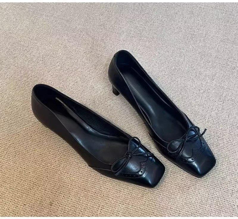 Pink single shoes women's gentle wind bow light mouth one pedal with skirt thick heel high heels