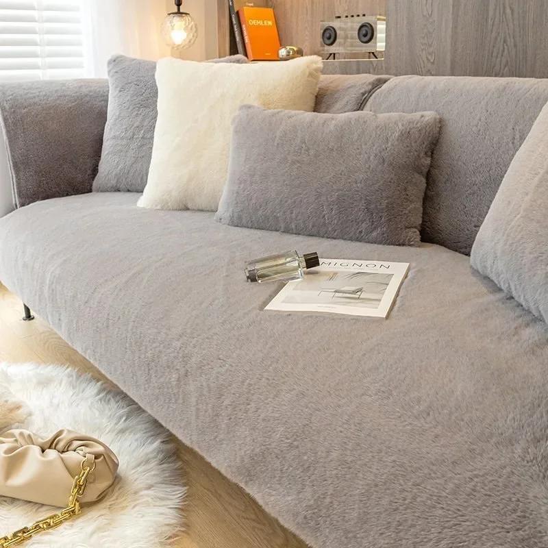 Plush Soft Sofa Cover Winter Warm Rabbit Fur Sofa CushionTowel Anti-Slip Sofa Chair Slip Covers Living Room Decor Blanket Mat