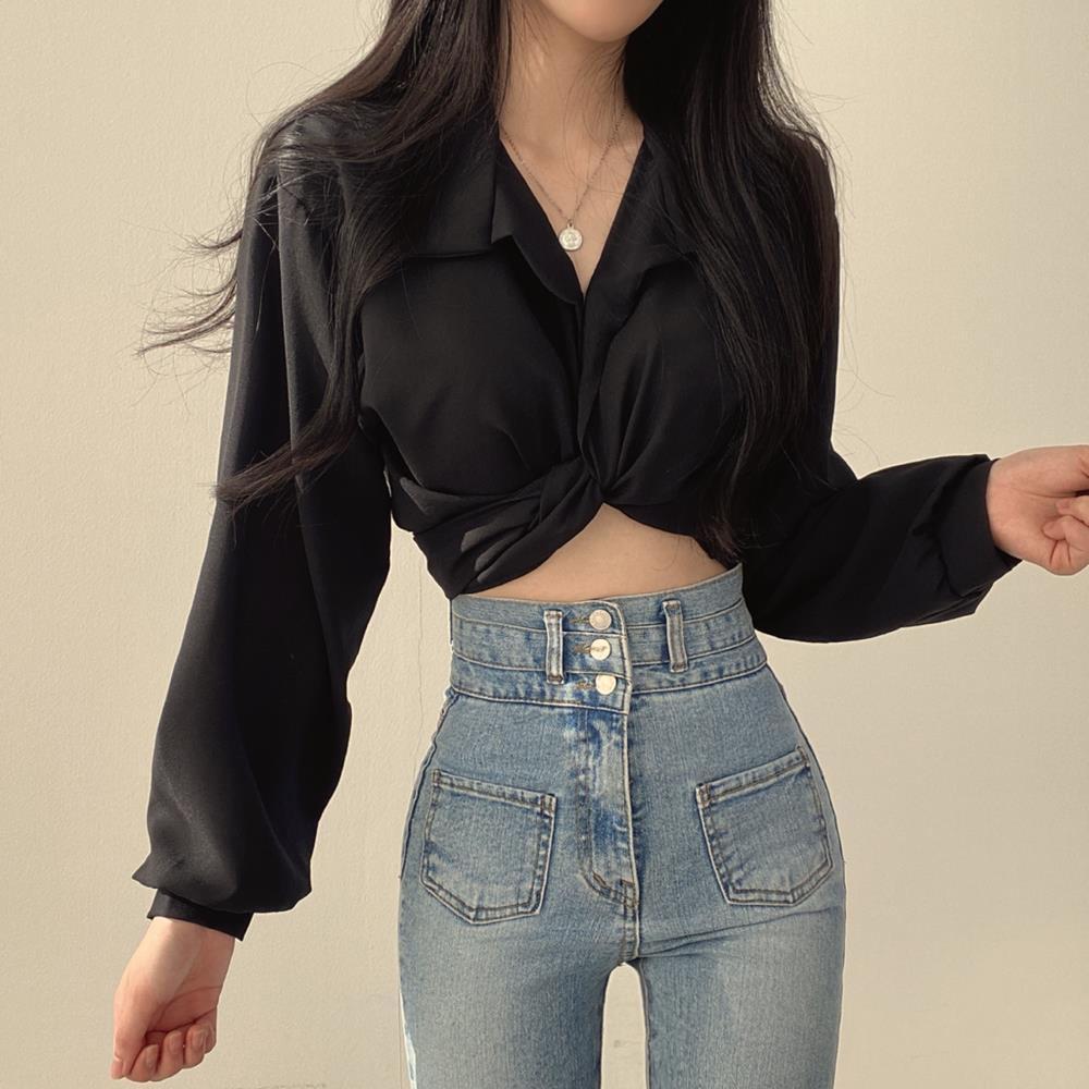 Vintage Streetwear Harajuku Sexy Bluză pentru femei Crop Top Tendințe în stil coreean Cămașă cu mânecă lungă, Negru, Alb, Tunica pentru femei șic