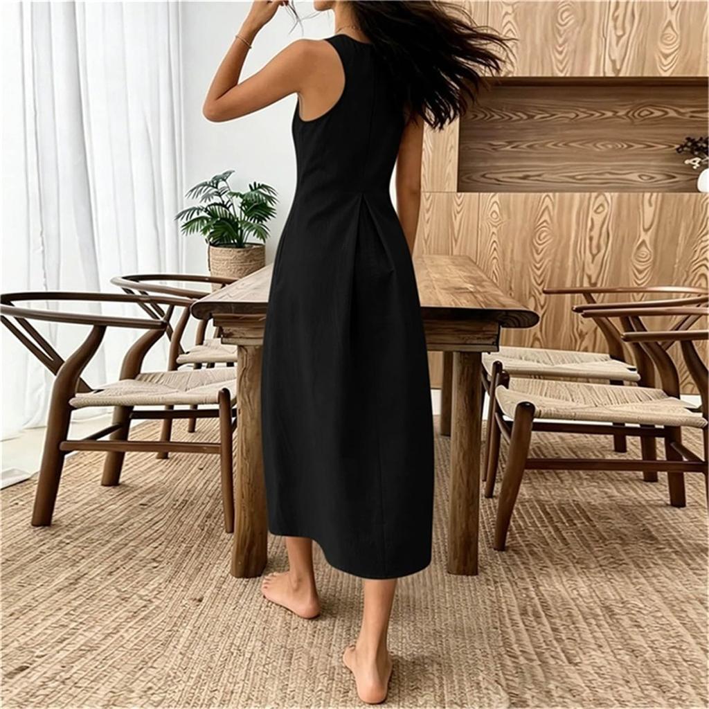 Women's Sleeveless Casual Color Cotton Linen Dress for Summer Everyday Wear