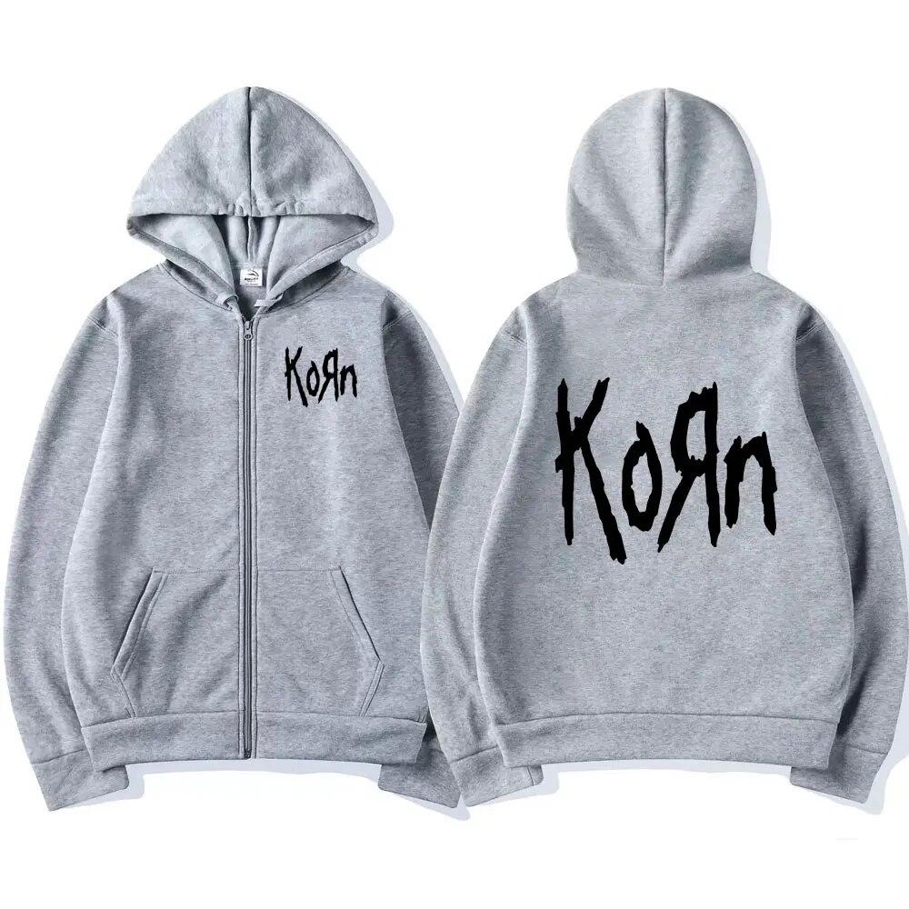 Korn Rock Band Letter Logo Hanorac cu fermoar pentru bărbați, metal, gotic, vintage, hanorace supradimensionate, cu fermoar, Streetwear, punk, hanorace, jachete