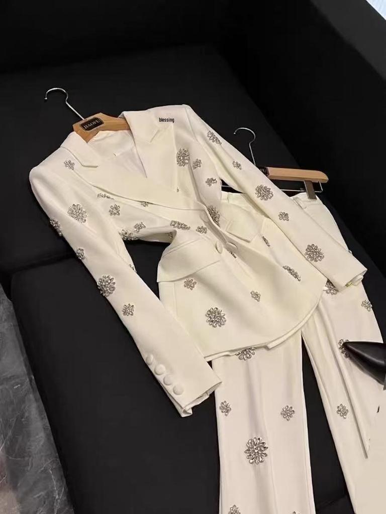 2025 European & American Fashion Beaded Rhinestone Suit Jacket & Wide-Leg Pants Set