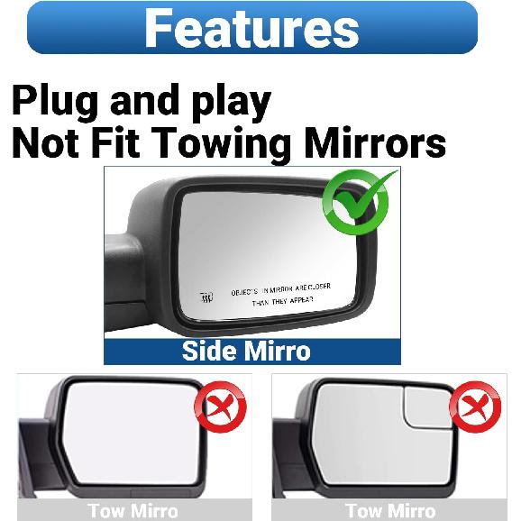 For Dodge Ram 1500/2500 Passenger Side Heated Mirror Glass | 2009-2018 Truck Mirror Replacement | Convex Design + Built-In Heater | Easy Tall