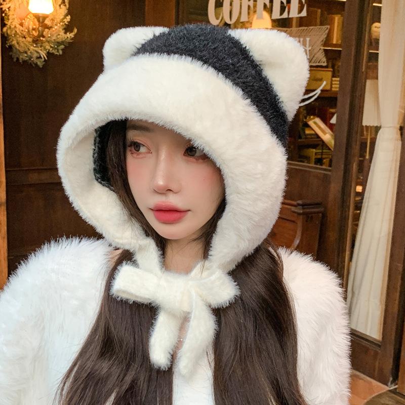 Hats for Women Cute Ear Plush Hats for Winter Girls Cute Sweet Knitted Wool Hat Thickened Warm Ear Protection Hat