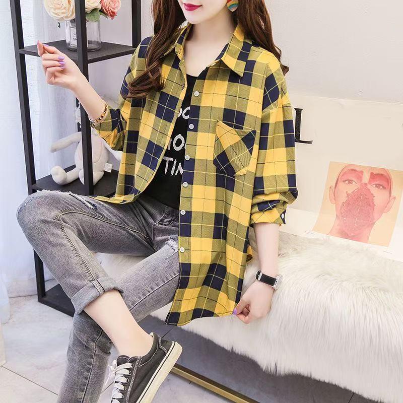 Spring and Autumn Lapel Button Plaid Shirt Women's Mid-length Sunscreen Jacket