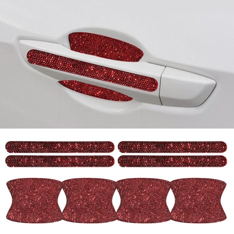 8Pcs/set Rhinestone Car Door Bowl Anti-scratch Reflective Stickers Door Bowl Handle Protection Decals Auto Decor Accessories