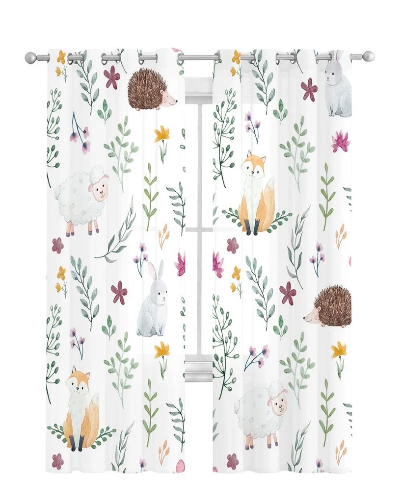 Cartoon Animal Hedgehog Fox Rabbit Green Leaf Tulle Sheer Window Curtains for Living Room Bedroom Voile Organza Curtains Drapes