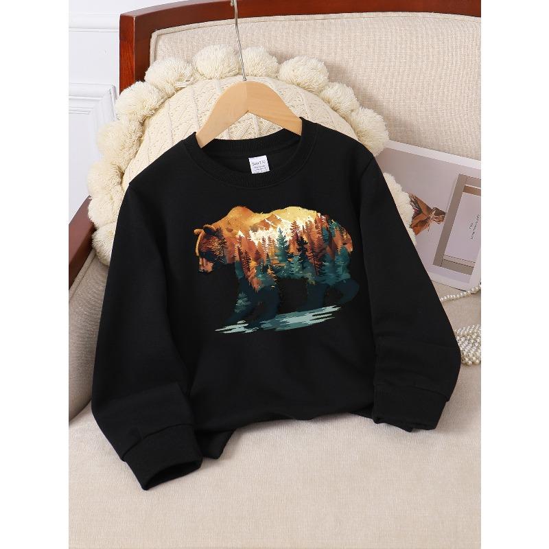 European Sizes Stylish Sweatshirt for Girls with Bear, Forest, Mountain & Nature Scene, Western Long-Sleeved Top for Young Girls