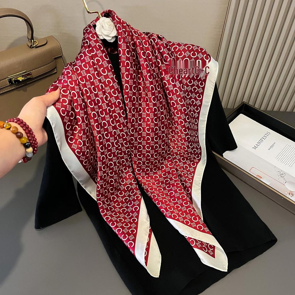 Women's Retro Fashion Mulberry Silk Feel Square Scarf - Summer Faux Satin, Sun Protection, 90cm