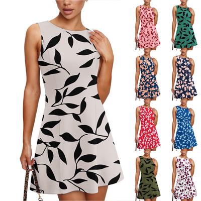 Women's Summer Dress Casual Sleeveless Round Neck Leaf Printed Vest Sundress