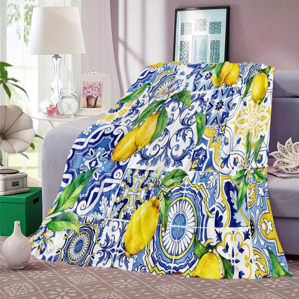 1pc Vintage Lemon Spanish Tile Print Throw Blanket Cozy Soft Home Decor Blanket for Couch Bed Patio