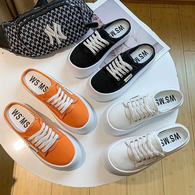 2025 new spring and autumn two wear thick-soled round head breathable shoes women's casual versatile niche light one pedal white shoes