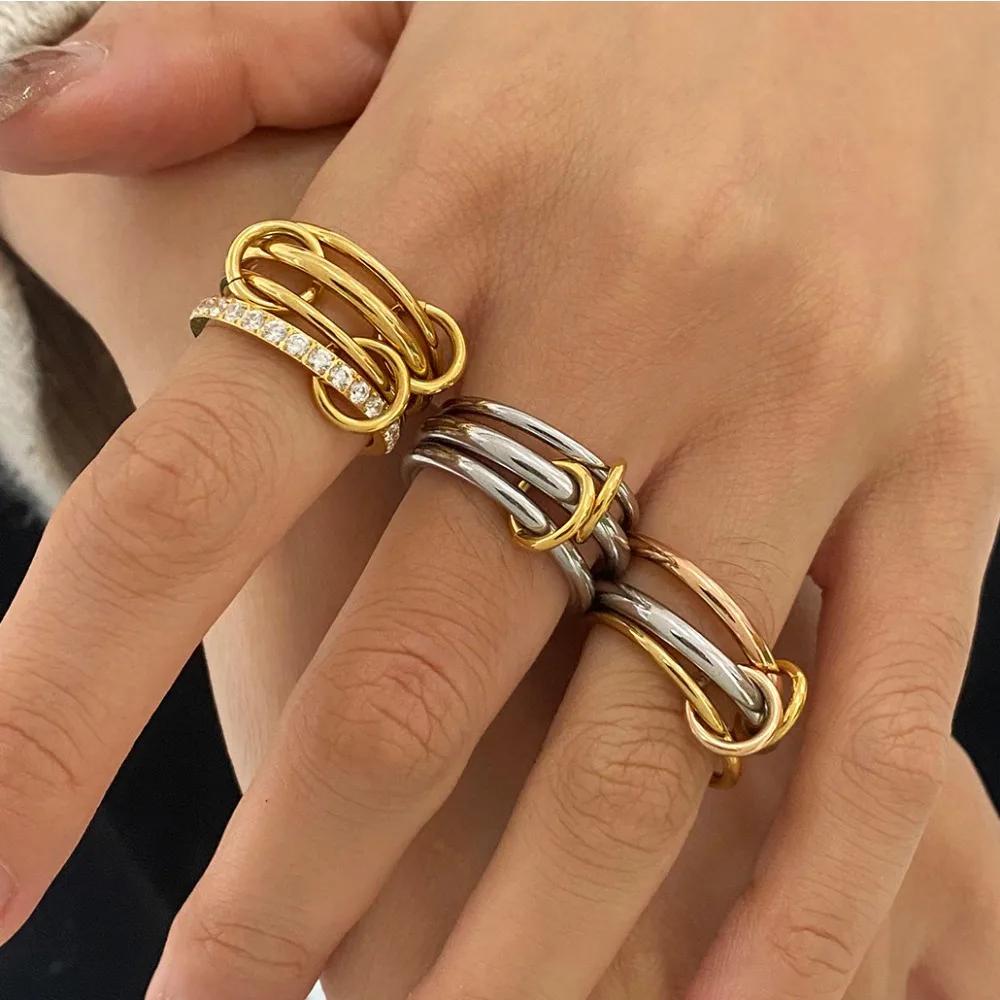 Bague de doigt Croix Trois Cercles Bicolore Personnalité Acier Inoxydable pour Femmes Hommes Tendance Zircon de Haute Qualité