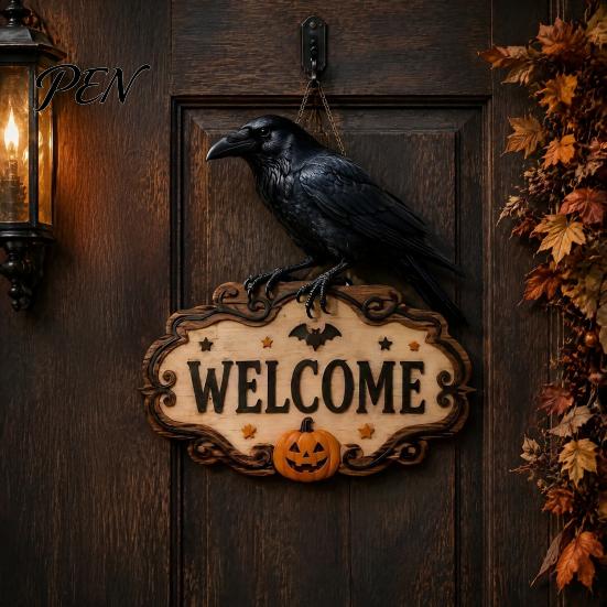 Outdoor Party Decorations Halloween Wooden Welcome Sign, Spooky Skull Frog Crow Witch Door Hanger, Hanging Plaque 2D Wall Sign for Home Decor Creative