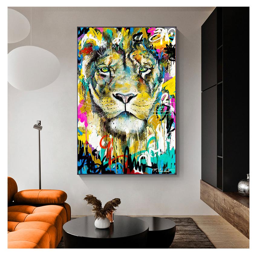 Malerei Graffiti Kunst Poster und Drucke Wand Kunst Bilder für Wohnzimmer Moderne Wohnkultur Bunte Löwe Tiger Tiere Leinwand