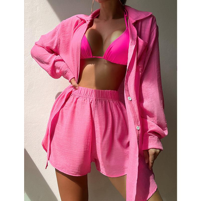 Fashion Beach Plus Size Two Piece Set Women Blouse Summer Beach Holiday Solid 2 Piece Sets Shirt Shorts Set Casual Sexy Loose Sunscreen Clothes 25175