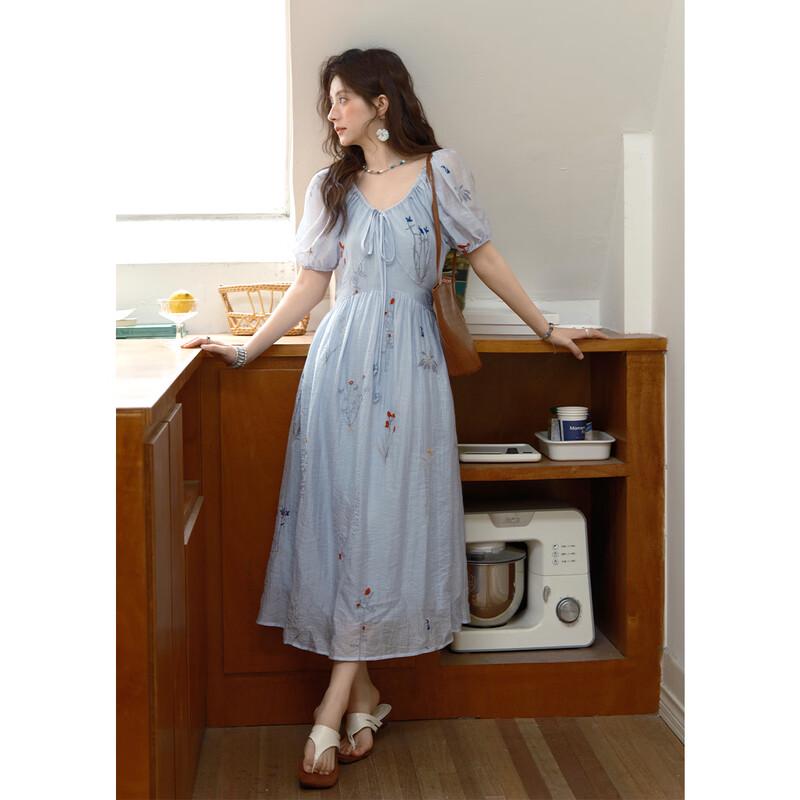 Meixiu French Botanical Embroidery Lyocell Tie-Sleeve Long Dress