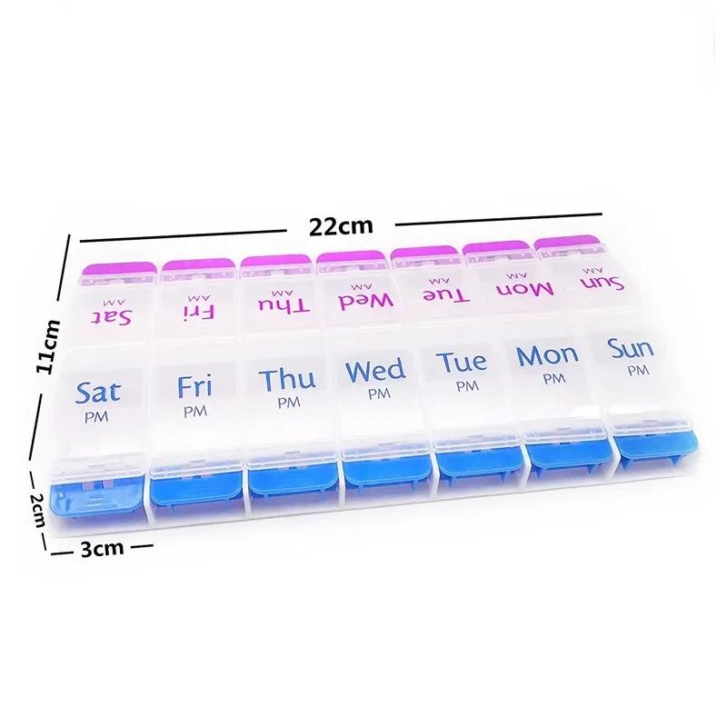 Push Button (7-Day) Pill Case, Medicine Planner, Vitamin Organizer, 2 Times a Day AM/PM, Large Compartments, Arthritis Friendly