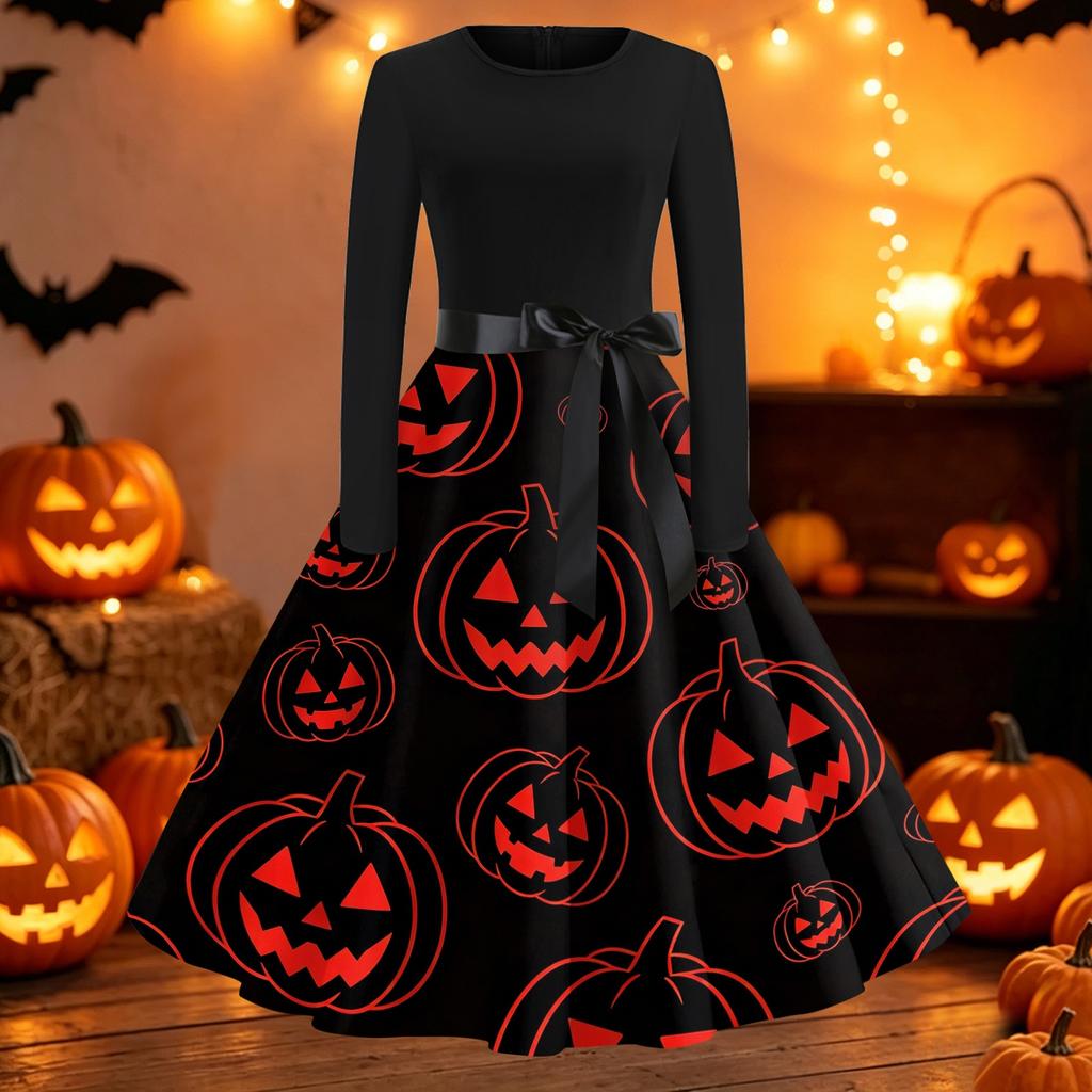 Women's Casual Long Sleeve Fit and Flare Dress Round Neck Halloween Print Full Skirt Midi Dress with Waist Tie for Everyday Wear