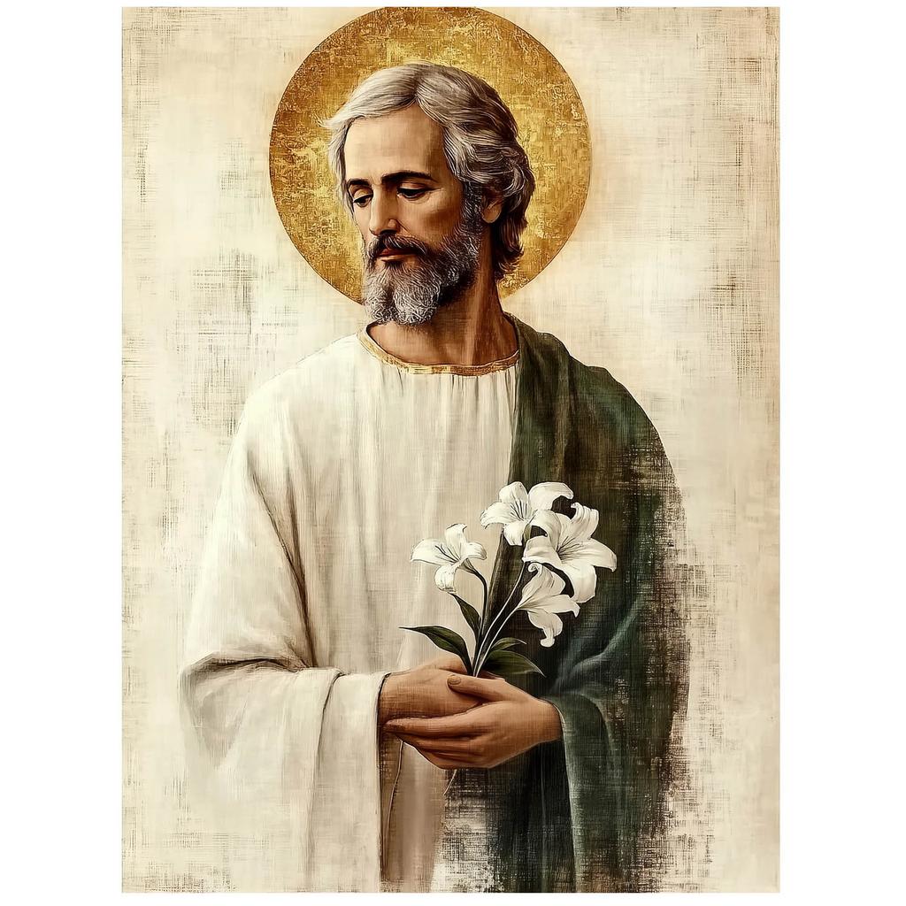 Święty Józef Z Bukietem Lilii Święty Józef Z Bukietem Lilii, 30X40 Cm, Rama Aluminiowa Złota, Papier Matowy 230 Gsm
