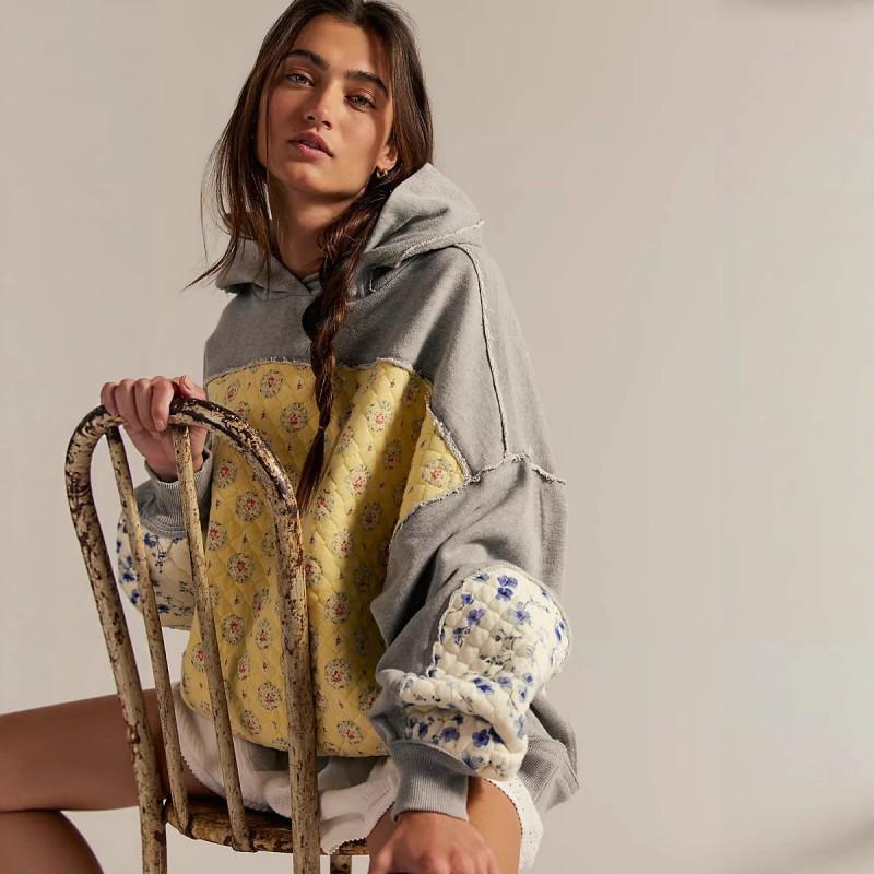2025 Herbst Damen Kapuzenpullover mit Stickerei und Einsätzen Lässiges lockeres Oberteil