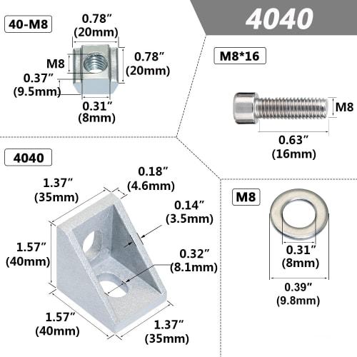 4040 Series Aluminum Profile Connector Set (20 Pieces), Corner Brackets (40 Pieces), M8x20mm T-Slot Nuts (40 Pieces), M8 Flat Washers (40 Pieces), and