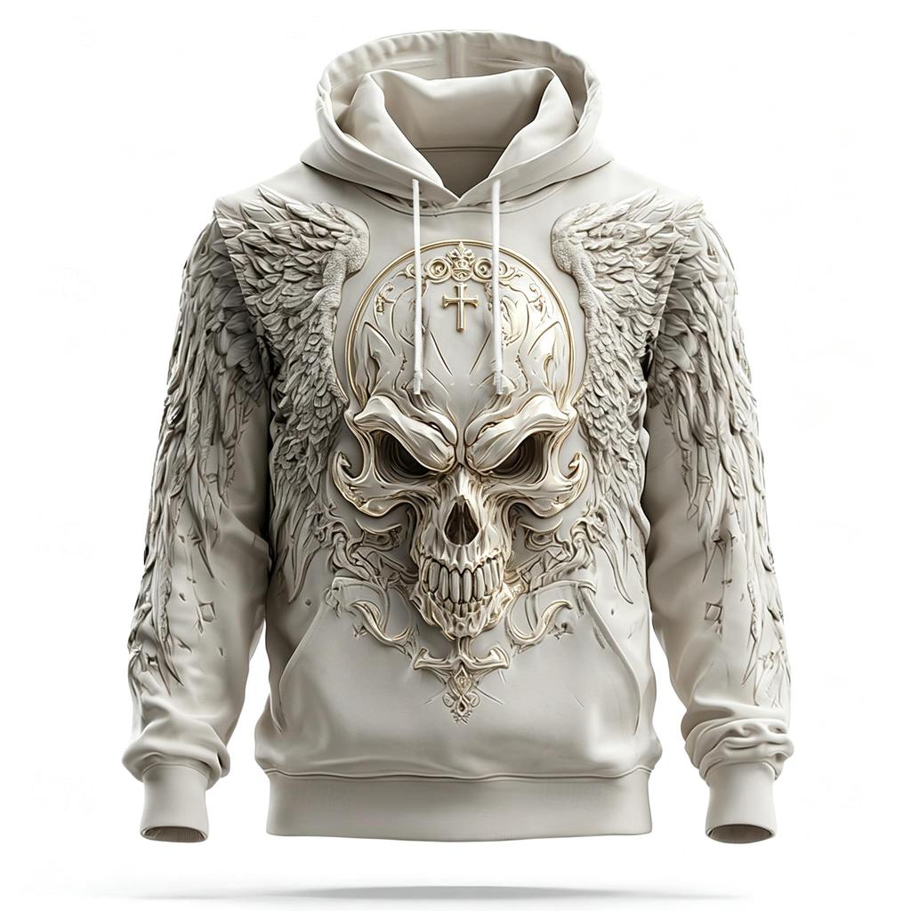 Men's Winged Wolf Skull 3D Effect Full Print Hoodie Halloween Gothic Long Sleeve Pullover Sweatshirt For Streetwear