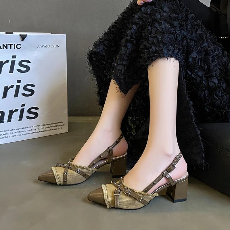 Sexy high heels, women's pointed toe patchwork open-heel sandals, 2025 summer fashionable casual party women's shoes