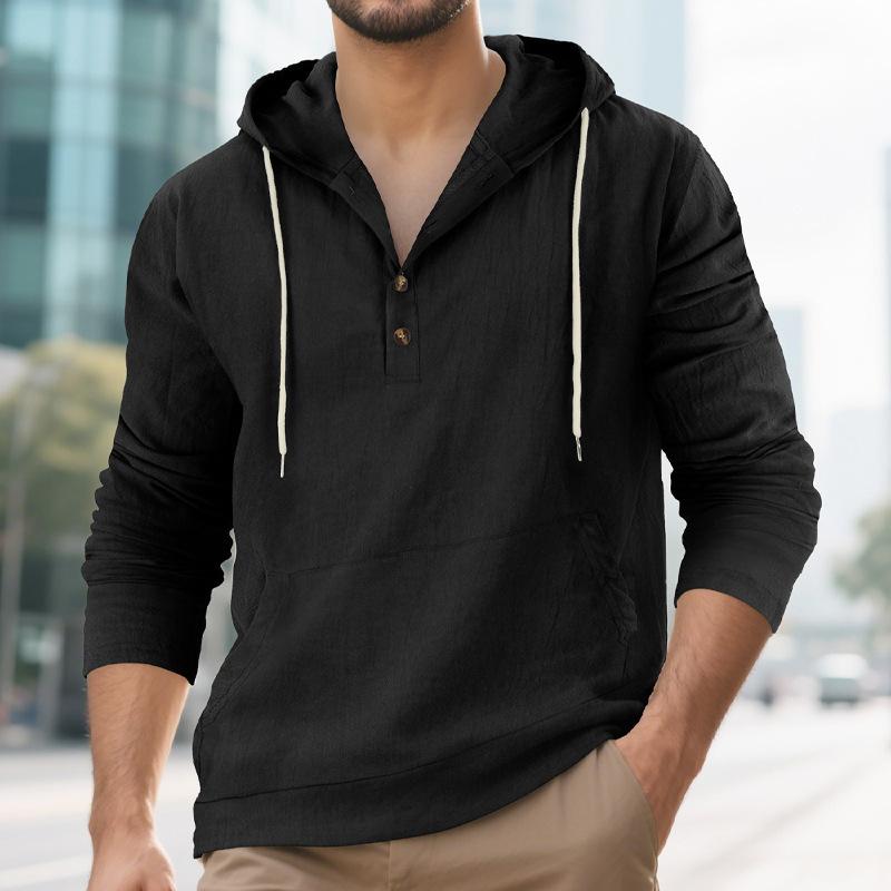 T-shirt casual Henley da uomo a maniche lunghe con cappuccio, vestibilità larga, in lino, per primavera/autunno, con tasche oversize