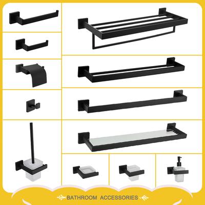 Black Bathroom Accessories Square Stainless Steel Shelf Towel Holder Tissue Holder Clothes Hook Cup Holder Toilet Brush Pendant