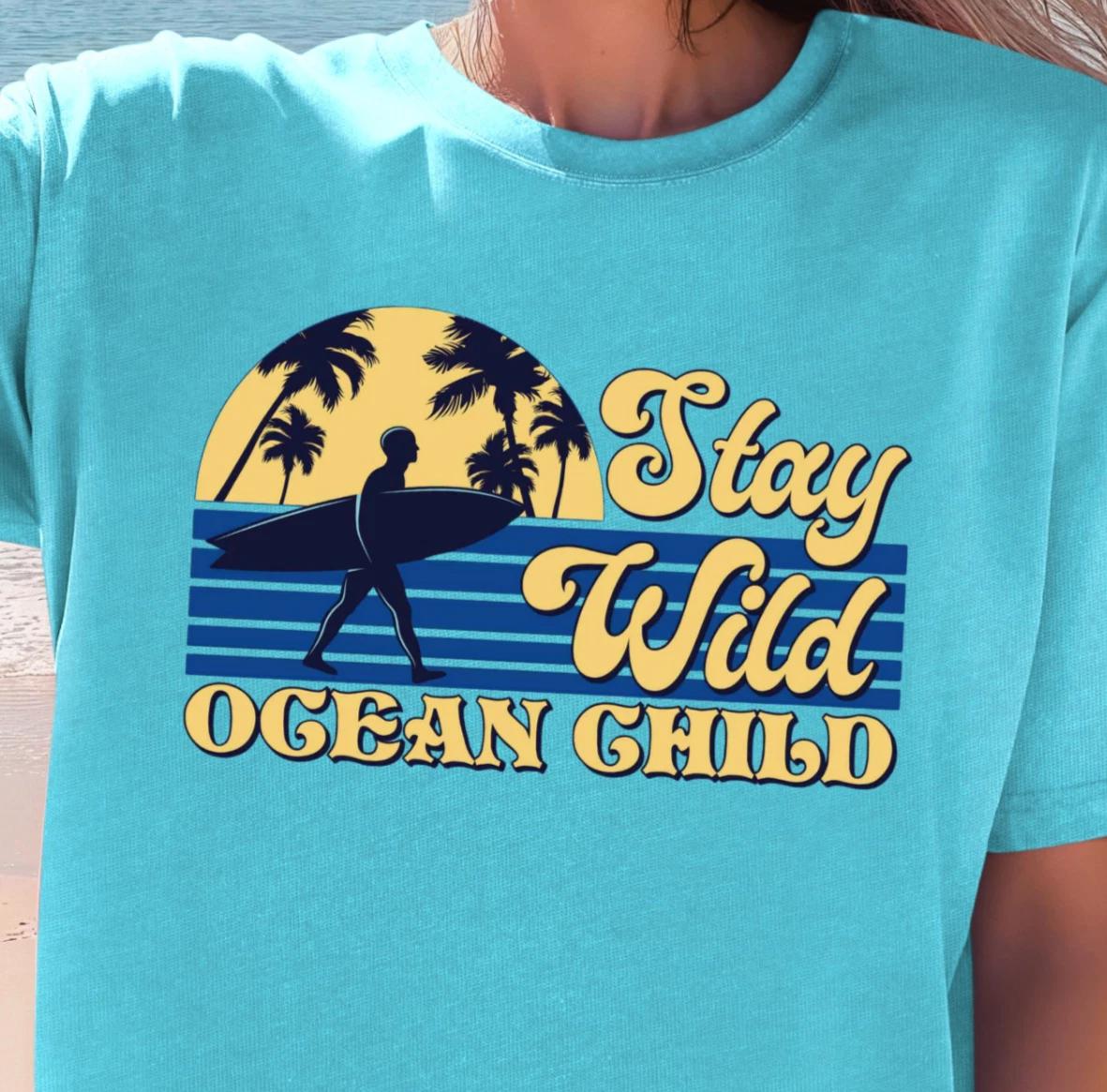 Stay Wild Ocean Child T-shirt | Retro Sunset Palm Beach Shirt, Surfer Tee L