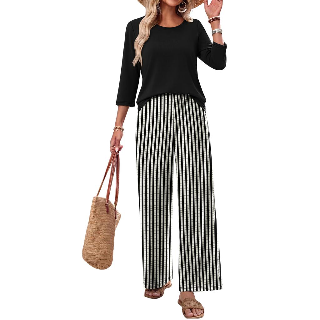 Women Casual Loose Fit Printed Three Quarter Sleeve Round Neck Top with Wide Leg Pants Two Piece Set Comfortable Relaxed Fit