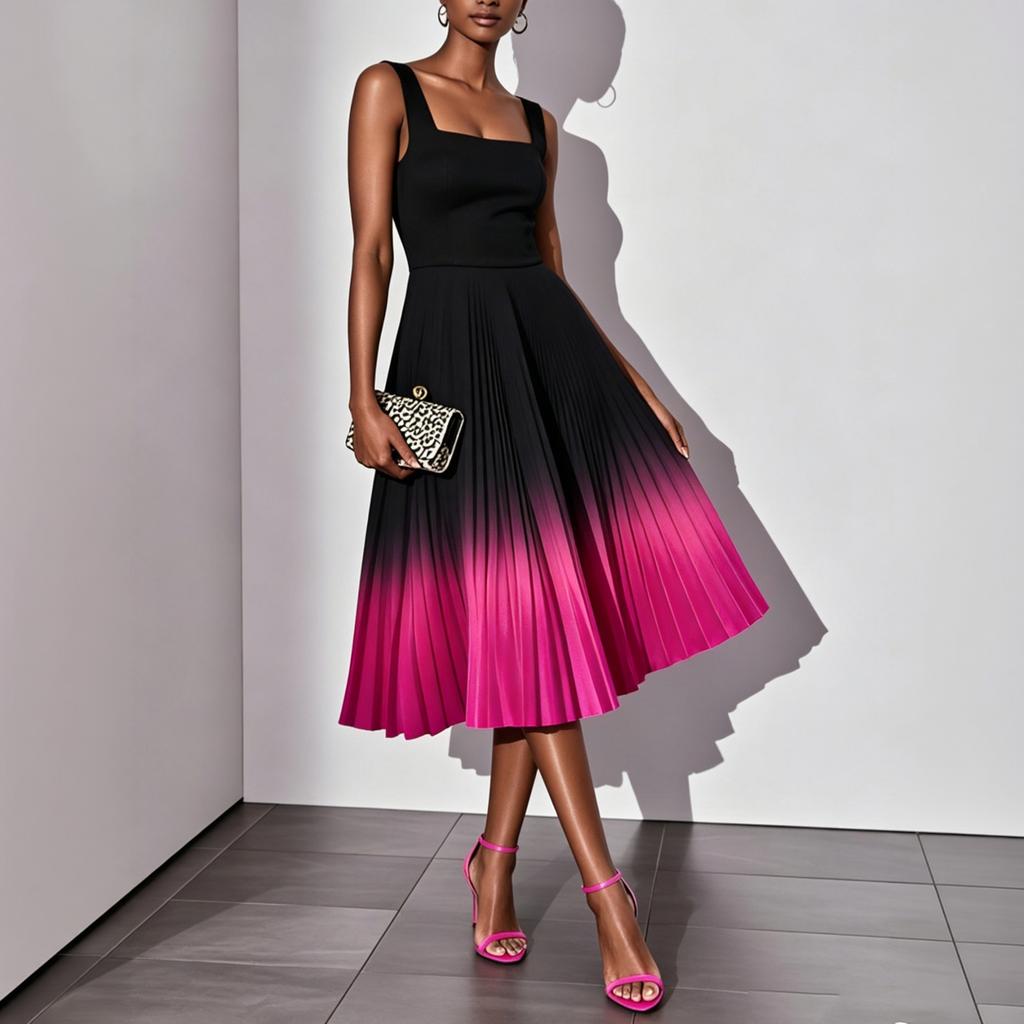 Women's Sleeveless Square Neck Gradient Pleated Midi Dress