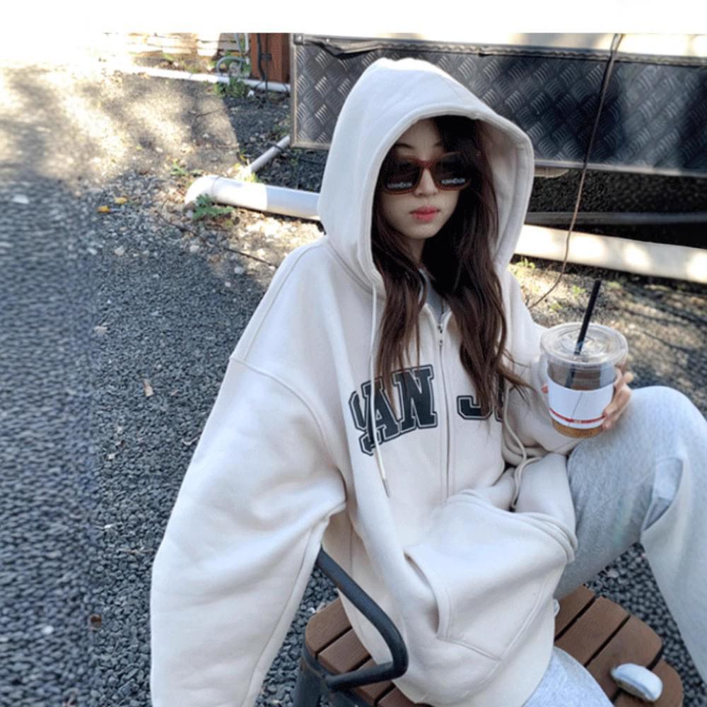 Women's Oversized Fleece-Lined Gray Hooded Zipper Cardigan - Retro Style