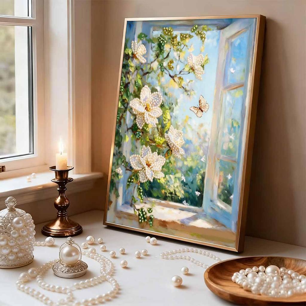 DIY Pearl Painting Set Outside The Window Pattern Home Decoration Handmade Sticky Diamond Creative Canvas Pearl Art Painting Crafts Perfect Gift