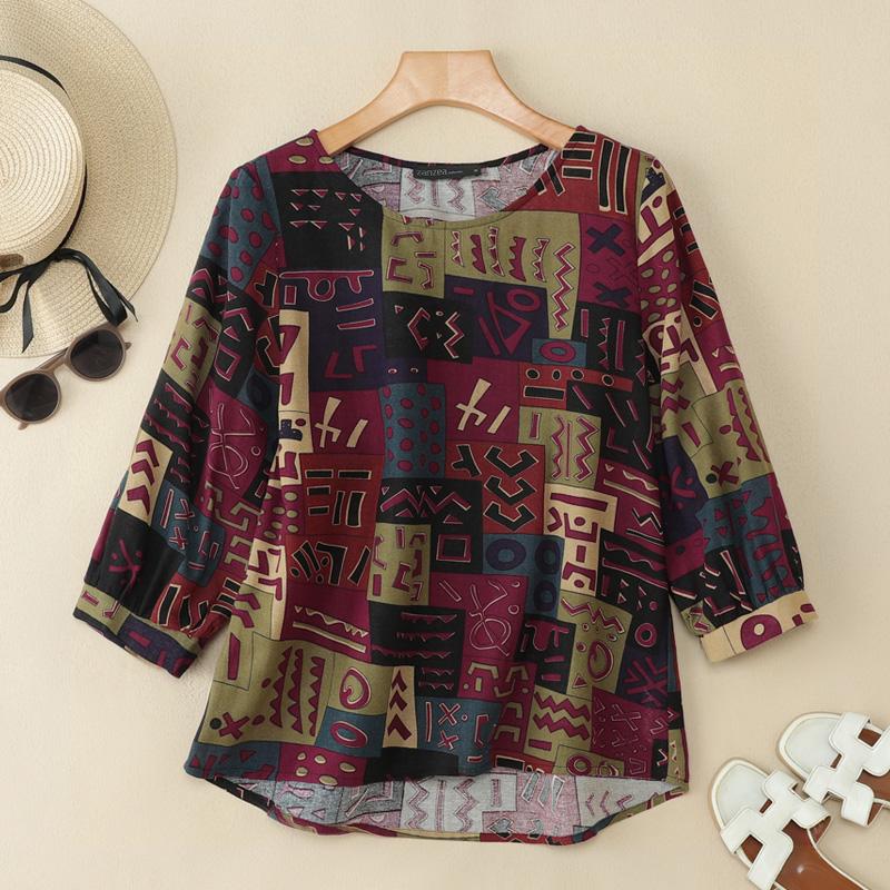 ZANZEA Bluză casual de damă cu gât rotund, mâneci 3/4, bumbac cu imprimeu retro