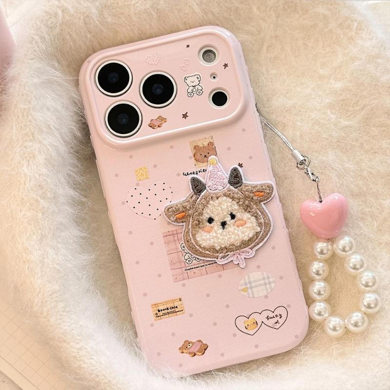 Phone Case With Chain For iPhone 17 16 15 14 13 12 Pro MAX 11 Cartoon Embroidery Plush Sheep Sticker Shockproof Soft Phone Cover