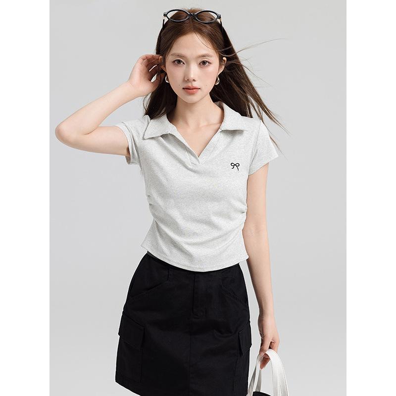 Cotton Polo collar short-sleeved T-shirt women's summer new large size meat-covering and thin design wrinkled short top