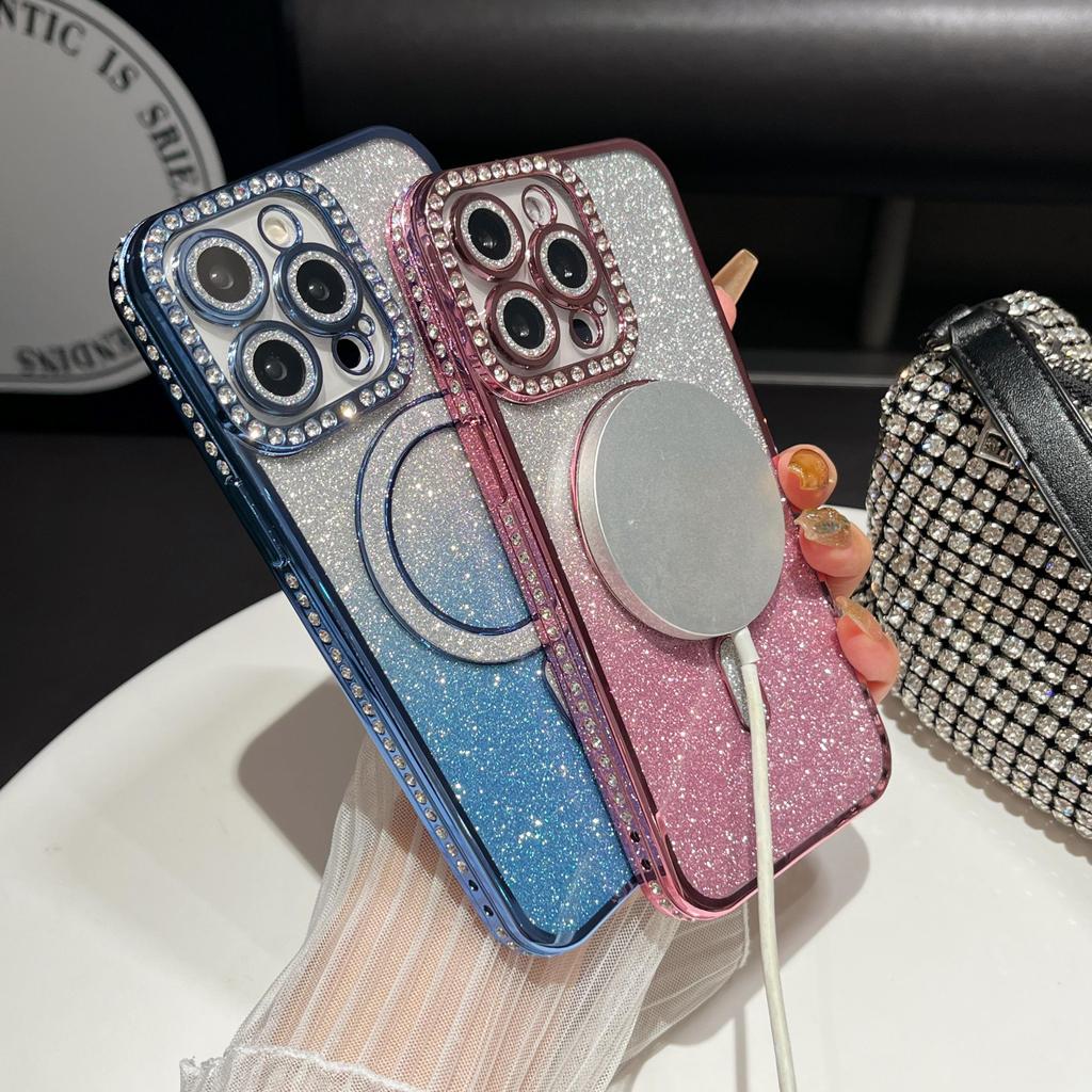 Plating Glitter Bling Diamond Camera Lens Protector Bumper Phone Case For iPhone 17 Air 16 15 14 Pro Max Samsung S25 S24 S23 Magnetic Protective Cover