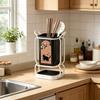 Two-tone carbon steel cutlery rack with cat print, dual installation ways and drip tray, stores knives and kitchen utensils.