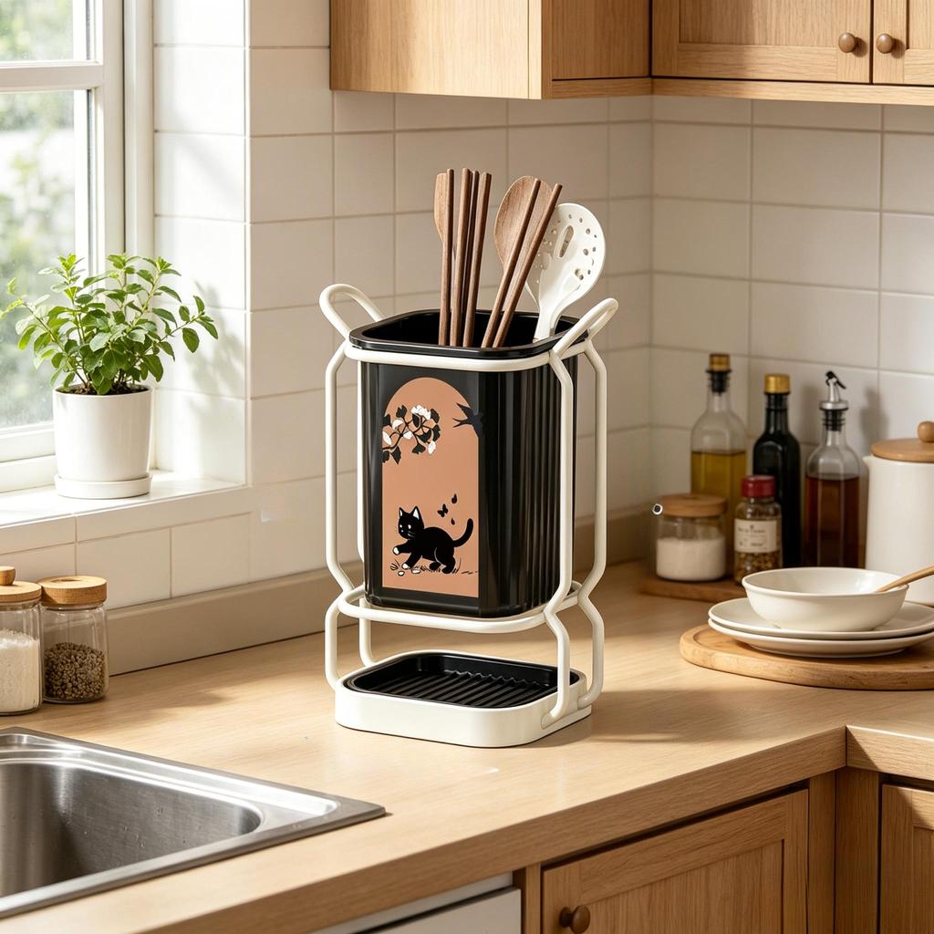 Two-tone carbon steel cutlery rack with cat print, dual installation ways and drip tray, stores knives and kitchen utensils.