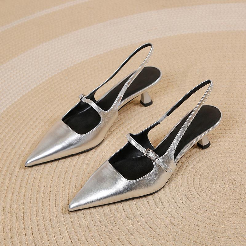 Shoes for Women 2025 New Pointed Toe Women's High Quality Slingback Sandals Simple and Elegant Dress Shoes Silver Heels Women
