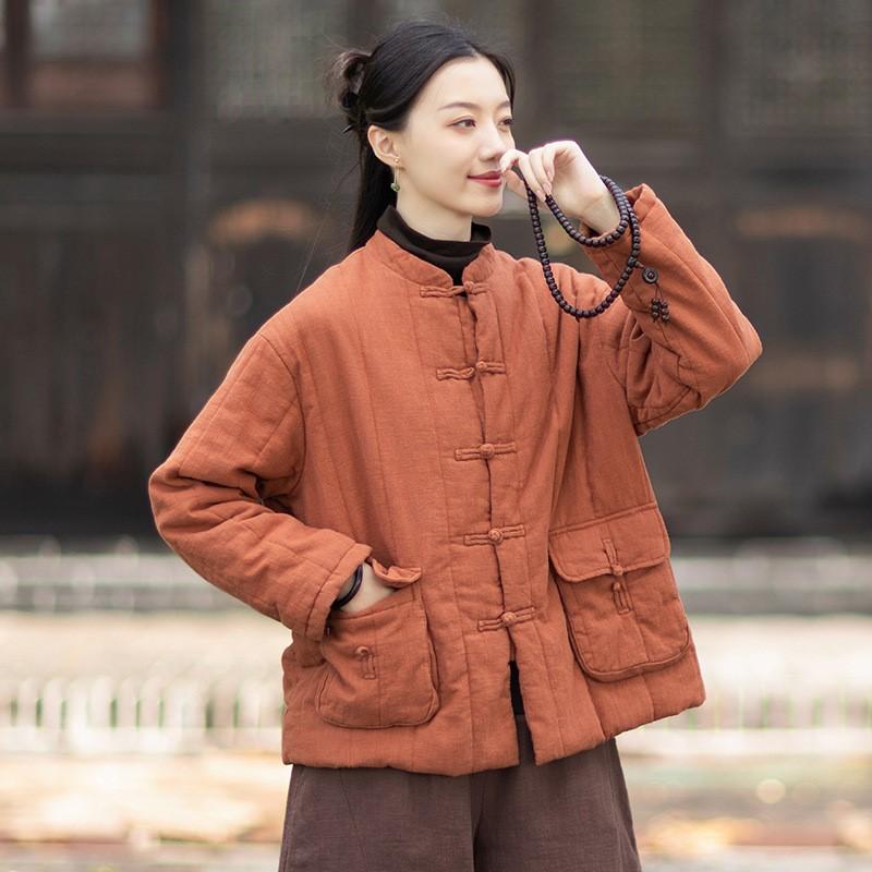 Johnature Women Vintage Warm Stand Long Sleeve Coats Solid Color Button Winter Pockets Coats
