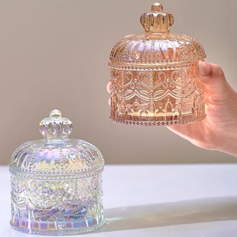 Barattolo portaoggetti in vetro di cristallo stile francese, Barattolo di vetro vintage per caramelle con coperchio Contenitore Portacandele per Aromaterapia Decorazione per la casa