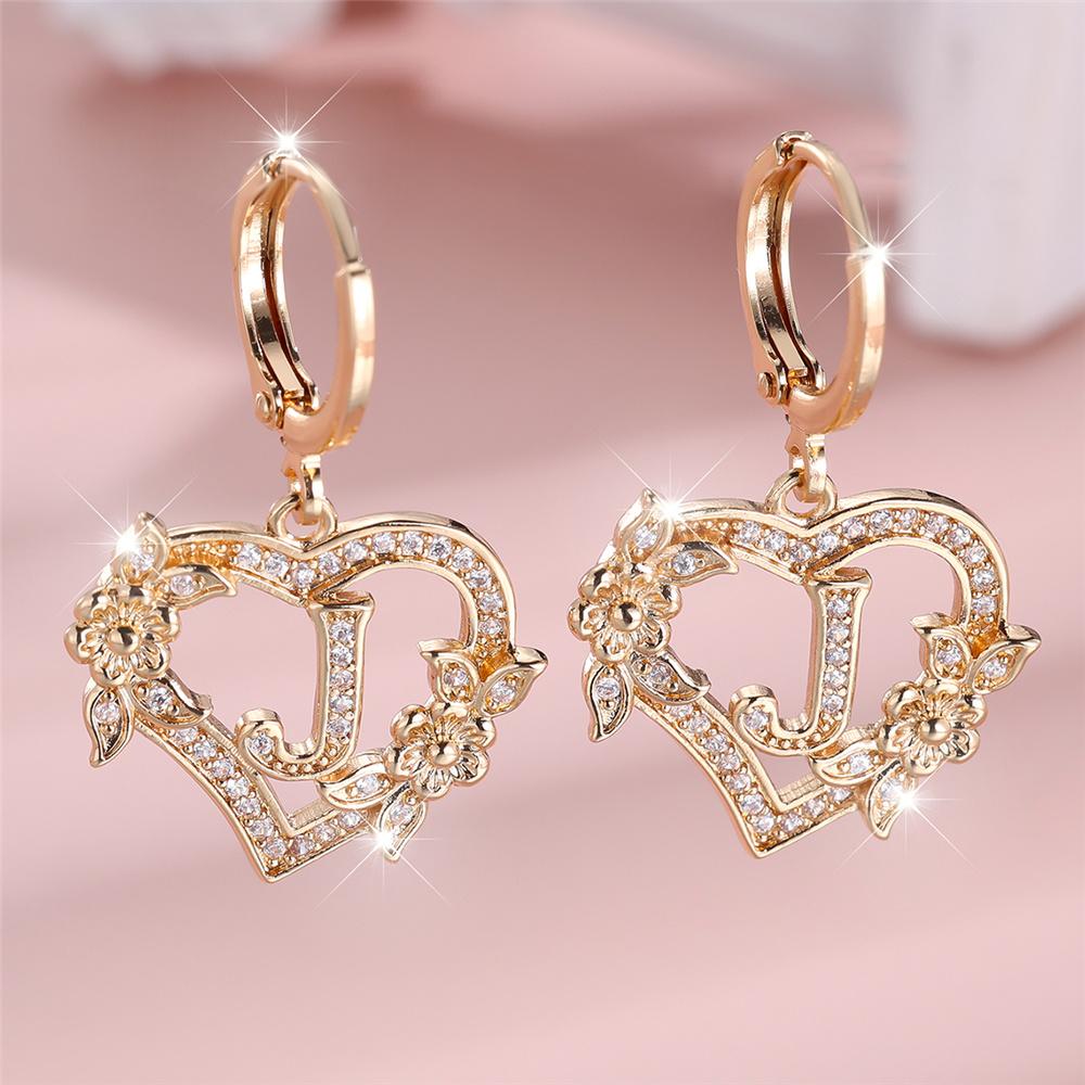 Vintage Hollow Love Heart Flower A-Z 26 Letters Hoop Earrings Yellow Gold Color White Zircon Earring Wedding Jewelry For Women