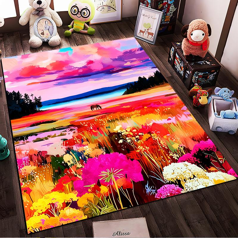 Colorful Nature Landscape Carpet with Sunset, Flowers, and Grazing Horse Suitable for use as an anti-slip for living room bedroom sofas