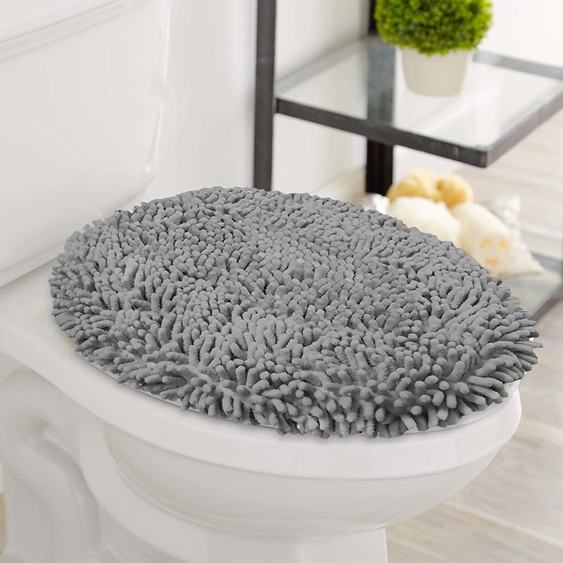 LuxUrux Soft Chenille Bathroom Toilet Lid Cover, Machine Washable Seat Covers, 18.5 x 18.5  , Stays in Place Rubber Back 18x18 inches серый